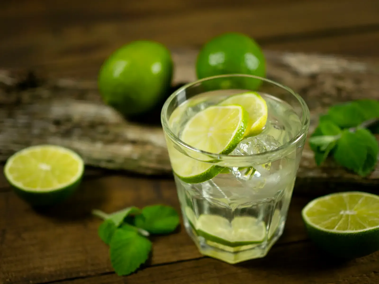Caipirinha mit Limettenscheiben und Eis im Glas, umgeben von Limetten und Minze auf dunklem Holz
